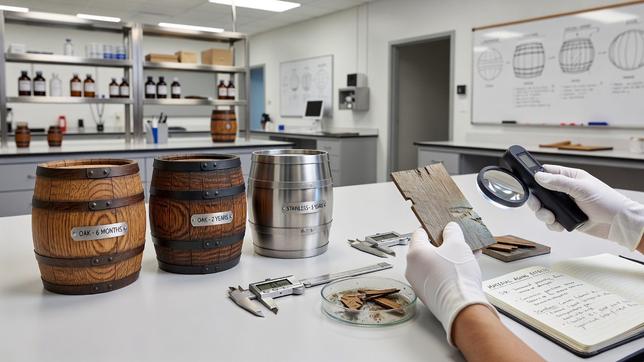 Laboratory setup comparing aging results from oak and stainless steel compact barrels over several months